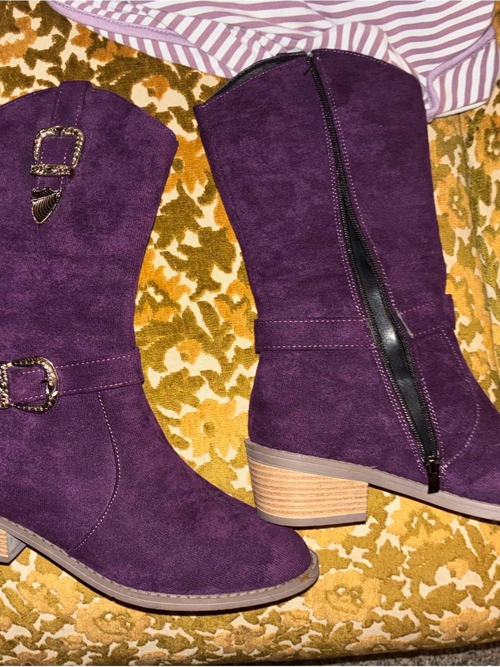 Purple Suede Mid-Calf Western Boot with Decorative Buckles - Picture 2 of 4